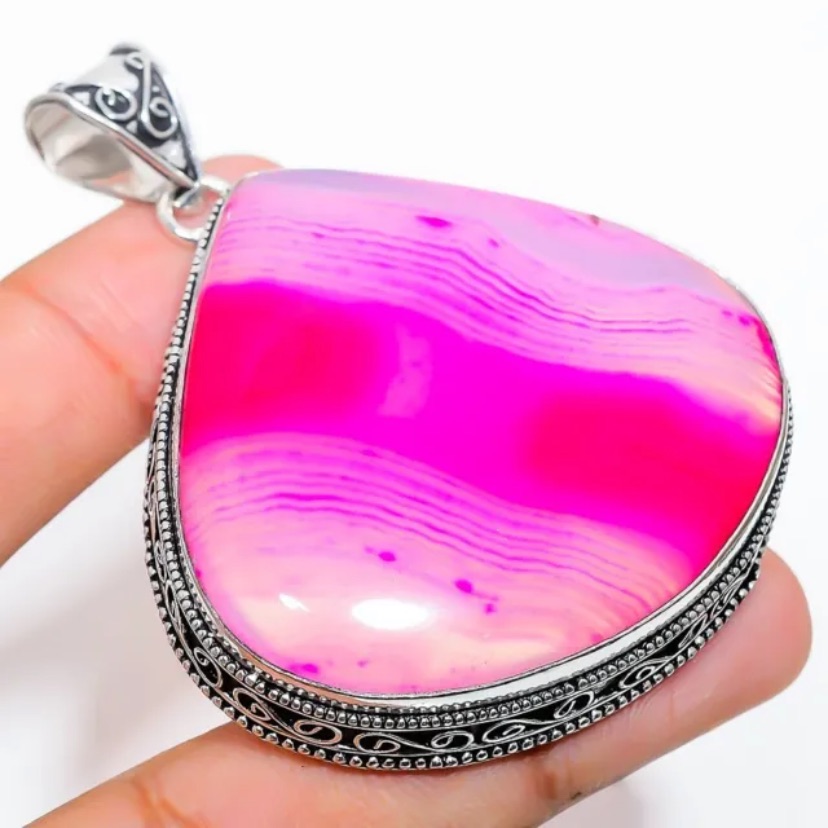 Pink Lace Agate & Sterling Siver Handcrafted Pendant Size 3”